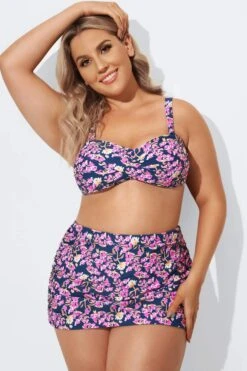 Purple Floral Twist Front Bandeau Bikini Set -Trendy Bikini Set Sales Store b debk003003 3