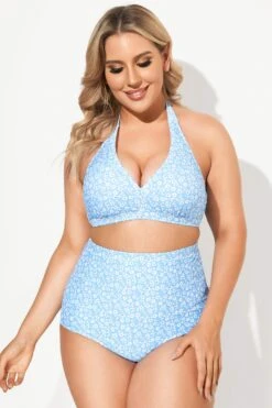 Blue Floral High Waist Bikini Set For Lady
