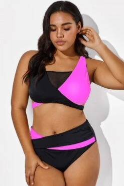 Black Pink Colorblock Wrap Mesh Bikini Top -Trendy Bikini Set Sales Store b debk015004 33