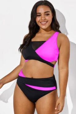 Black Pink Colorblock Wrap Mesh Bikini Top -Trendy Bikini Set Sales Store b debk015004 44