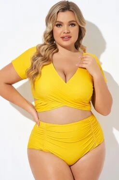 Yellow Ruched Sleeves Skirted Bikini Top -Trendy Bikini Set Sales Store b debk050005 3 1