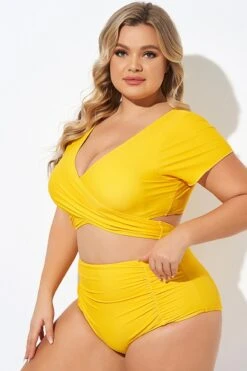 Yellow Ruched Sleeves Skirted Bikini Top -Trendy Bikini Set Sales Store b debk050005 4 1