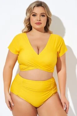 Yellow Ruched Sleeves Skirted Bikini Top -Trendy Bikini Set Sales Store b debk050005 5 1