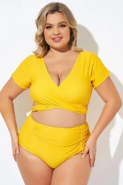Yellow Ruched Sleeves Skirted Bikini Top -Trendy Bikini Set Sales Store b debk050005 6 1