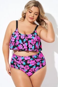 Featured Products 19 Flower Print Ruffle Scoop Neck Bikini Top