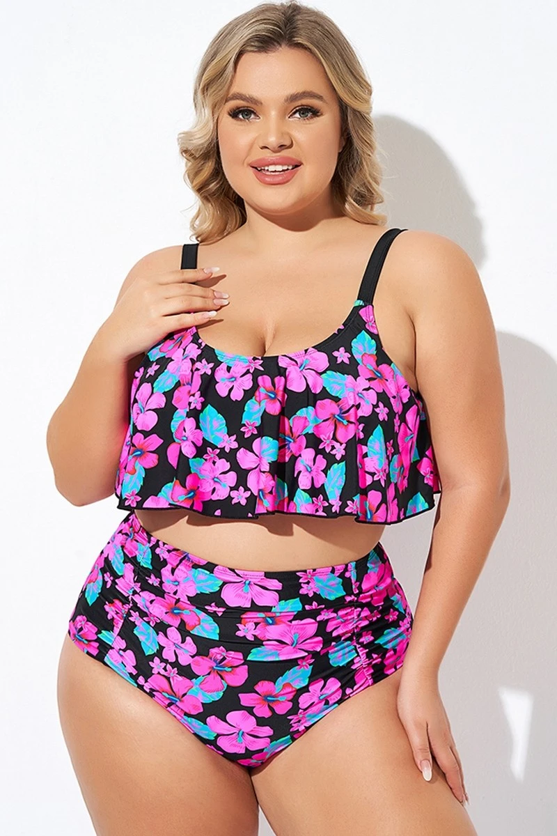 Flower Print Ruffle Scoop Neck Bikini Top 3 Flower Print Ruffle Scoop Neck Bikini Top - Image 3