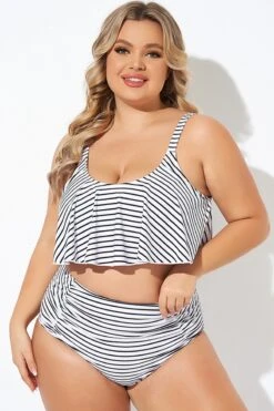Black And White Stripes Scoop Neck Bikini Top -Trendy Bikini Set Sales Store b debk063008 5