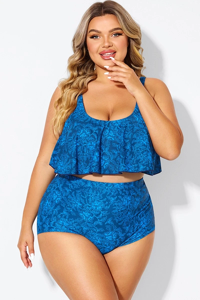 Navy Blue Floral Print Hem Bikini Top 1 Navy Blue Floral Print Hem Bikini Top