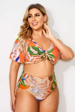 Tropical Print Sexy Bow V-neck Bikini Set -Trendy Bikini Set Sales Store b debk064001 3 2