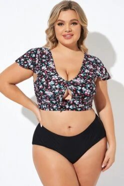 Classic Floral Print Knot Front Women Bikini Top