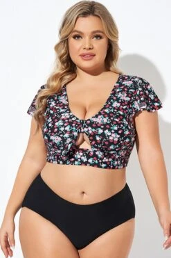 Classic Floral Print Knot Front Women Bikini Top -Trendy Bikini Set Sales Store b debk072004 5