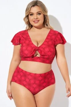 Featured Products 21 Red Geometric Interwoven Print Bikini Top