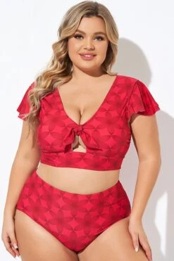 Red Geometric Interwoven Print Bikini Top -Trendy Bikini Set Sales Store b debk072005 3