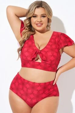 Red Geometric Interwoven Print Bikini Top -Trendy Bikini Set Sales Store b debk072005 4