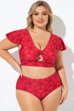 Red Geometric Interwoven Print Bikini Top -Trendy Bikini Set Sales Store b debk072005 6