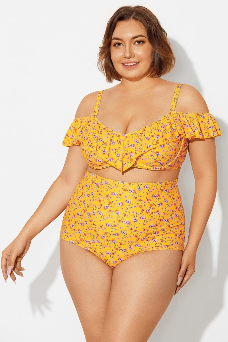 Yellow Floral Ruffled Underwire Women Bikini Top 3 Yellow Floral Ruffled Underwire Women Bikini Top - Image 3