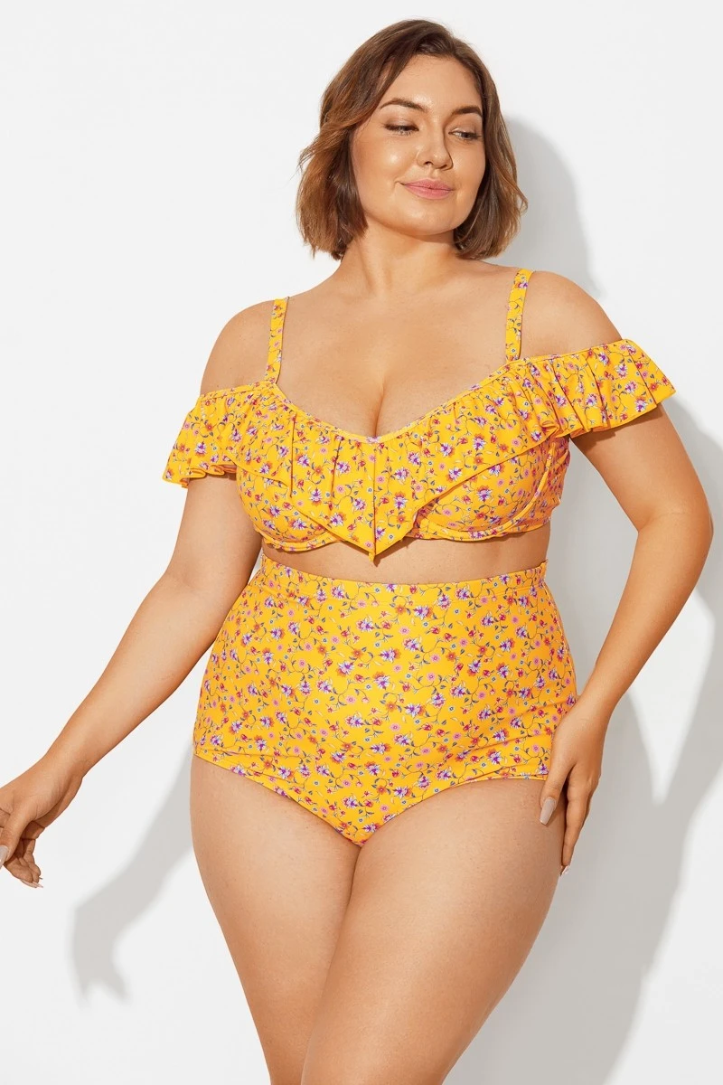 Yellow Floral Ruffled Underwire Women Bikini Top 4 Yellow Floral Ruffled Underwire Women Bikini Top - Image 4