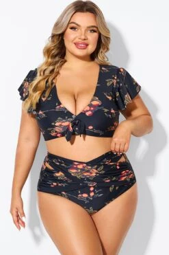 Floral Print Flutter Sleeve Elegant Swim Bikini Top -Trendy Bikini Set Sales Store b debk092004 3