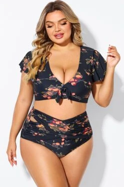 Floral Print Flutter Sleeve Elegant Swim Bikini Top -Trendy Bikini Set Sales Store b debk092004 4