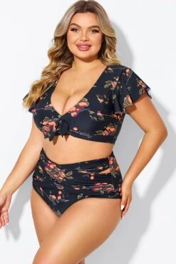 Floral Print Flutter Sleeve Elegant Swim Bikini Top -Trendy Bikini Set Sales Store b debk092004 5