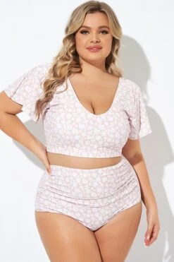 Floral Print V-neck Flutter Sleeve Bikini Top