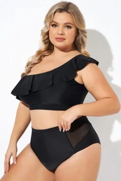 Black Ruffle One Shoulder Swim Bikini Top -Trendy Bikini Set Sales Store b debk137001 4