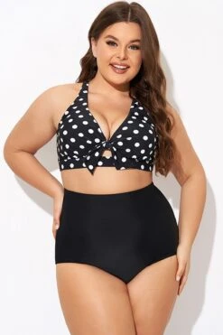 Polka Dot V Neck Front Knot Bikini Top