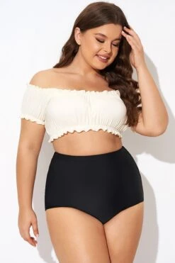 Featured Products 15 Retro White Ruffles Bardot Sleeves Bikini Top