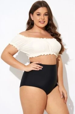 Retro White Ruffles Bardot Sleeves Bikini Top -Trendy Bikini Set Sales Store b debk147001 6