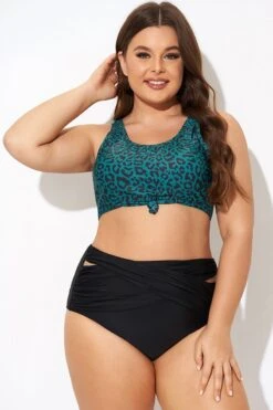 Green Leopard Print Knot Swim Bikini Top -Trendy Bikini Set Sales Store b debk148001 4