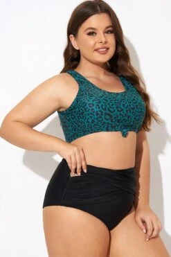 Green Leopard Print Knot Swim Bikini Top -Trendy Bikini Set Sales Store b debk148001 6