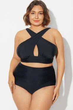 Black High Neck Cross Front Bikini Top