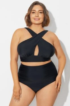 Black High Neck Cross Front Bikini Top -Trendy Bikini Set Sales Store b debk152001 3