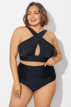 Black High Neck Cross Front Bikini Top -Trendy Bikini Set Sales Store b debk152001 4
