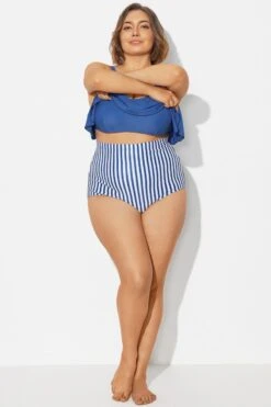 Navy&White Vertical Stripe High Waisted Bkini Bottom