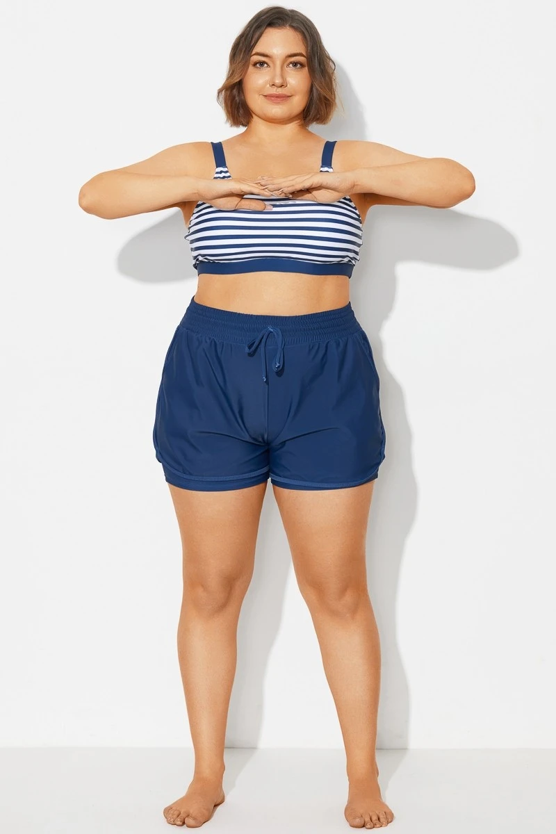 Plus Size Navy Mid Waist Women Shorts 3 Plus Size Navy Mid Waist Women Shorts - Image 3