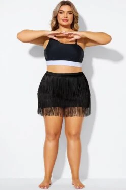 Plus Size Black High Waisted Tassel Trim Skirt -Trendy Bikini Set Sales Store b debt066001 11