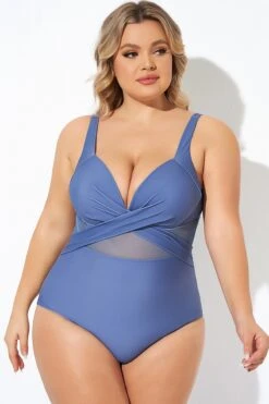 Blue Cut Out Mesh Adjustable Straps One Piece Swimsuit -Trendy Bikini Set Sales Store b deop006009 6