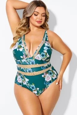 Floral Print Plunge V-neck One Piece Swimsuit -Trendy Bikini Set Sales Store b deop033006 3