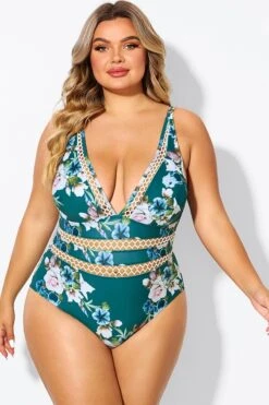 Floral Print Plunge V-neck One Piece Swimsuit -Trendy Bikini Set Sales Store b deop033006 4