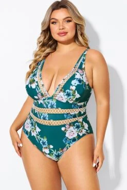 Floral Print Plunge V-neck One Piece Swimsuit -Trendy Bikini Set Sales Store b deop033006 5