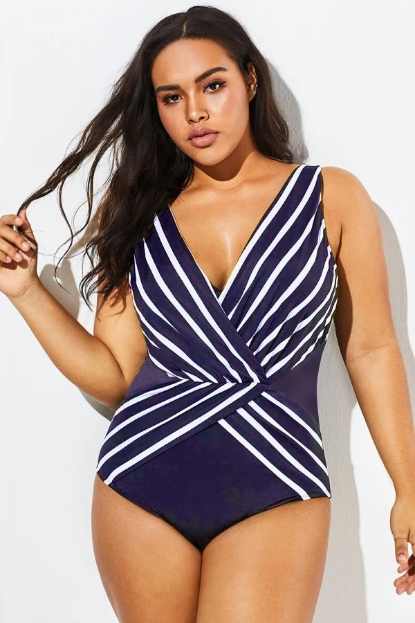 Blue And White Stripe Mesh One Piece Swimsuit 1 Blue And White Stripe Mesh One Piece Swimsuit