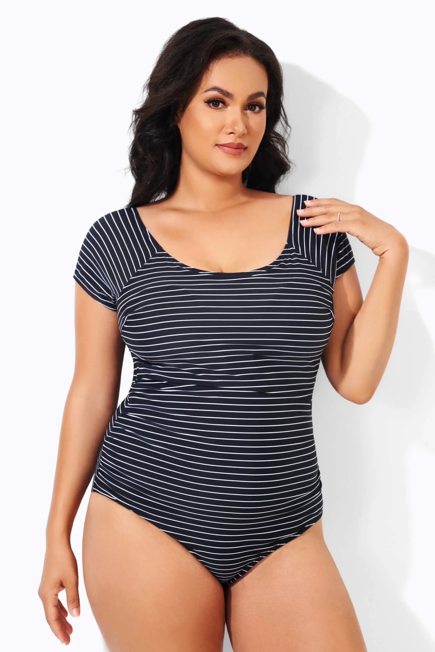 Stripes Round Neck Women One Piece Swimsuit 1 Stripes Round Neck Women One Piece Swimsuit