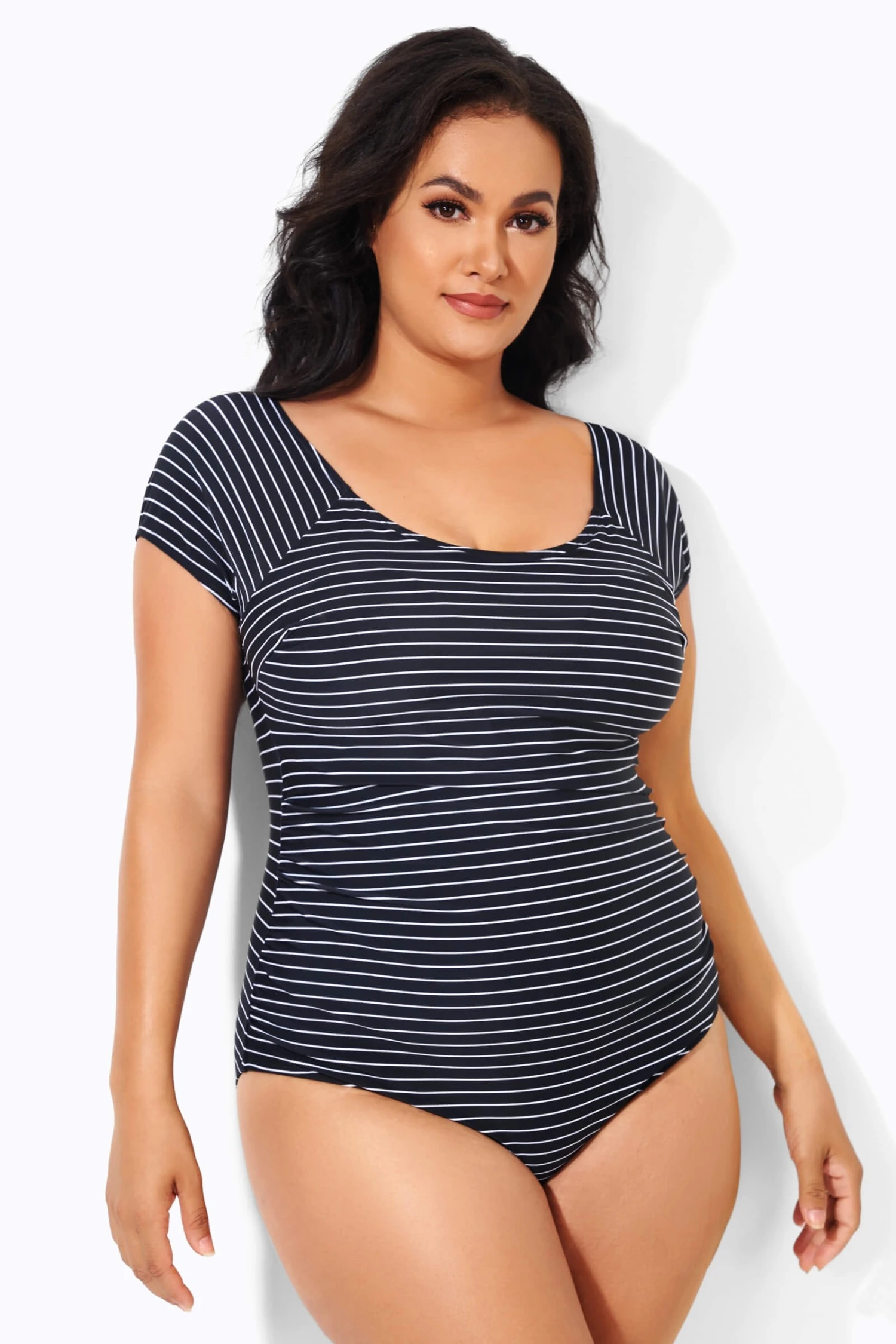 Stripes Round Neck Women One Piece Swimsuit 4 Stripes Round Neck Women One Piece Swimsuit - Image 4