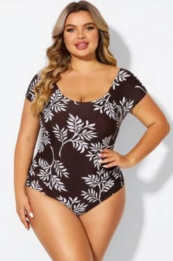 V-Neck Leaf Print Ruffles Sleeves One Piece Swimsuit -Trendy Bikini Set Sales Store b deop090011 3