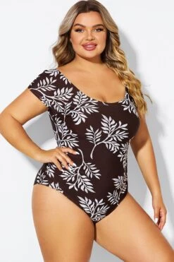 V-Neck Leaf Print Ruffles Sleeves One Piece Swimsuit -Trendy Bikini Set Sales Store b deop090011 6
