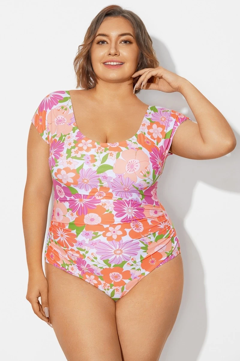 Floral Print Short Sleeve Elastic One Piece Swimsuit 3 Floral Print Short Sleeve Elastic One Piece Swimsuit - Image 3