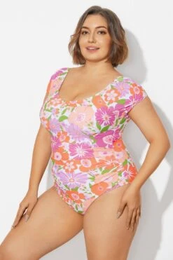 Floral Print Short Sleeve Elastic One Piece Swimsuit 11 Floral Print Short Sleeve Elastic One Piece Swimsuit -Trendy Bikini Set Sales Store b deop090012 6