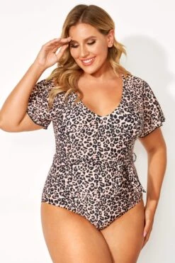 Leopard Printed One Piece Swimsuit With Sleeves