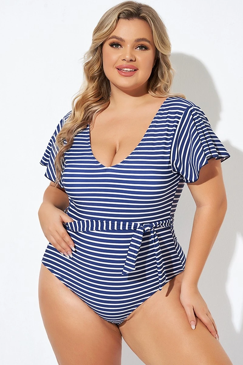 Blue And White Stripe Women One Piece Swimsuit 1 Blue And White Stripe Women One Piece Swimsuit